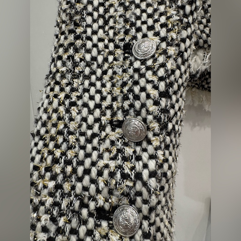 NWT L’AGENCE Angelina Fringe Trim Metallic Jacket, Sz 6, Black/Wht/Gold Shimmer - Picture 7 of 11